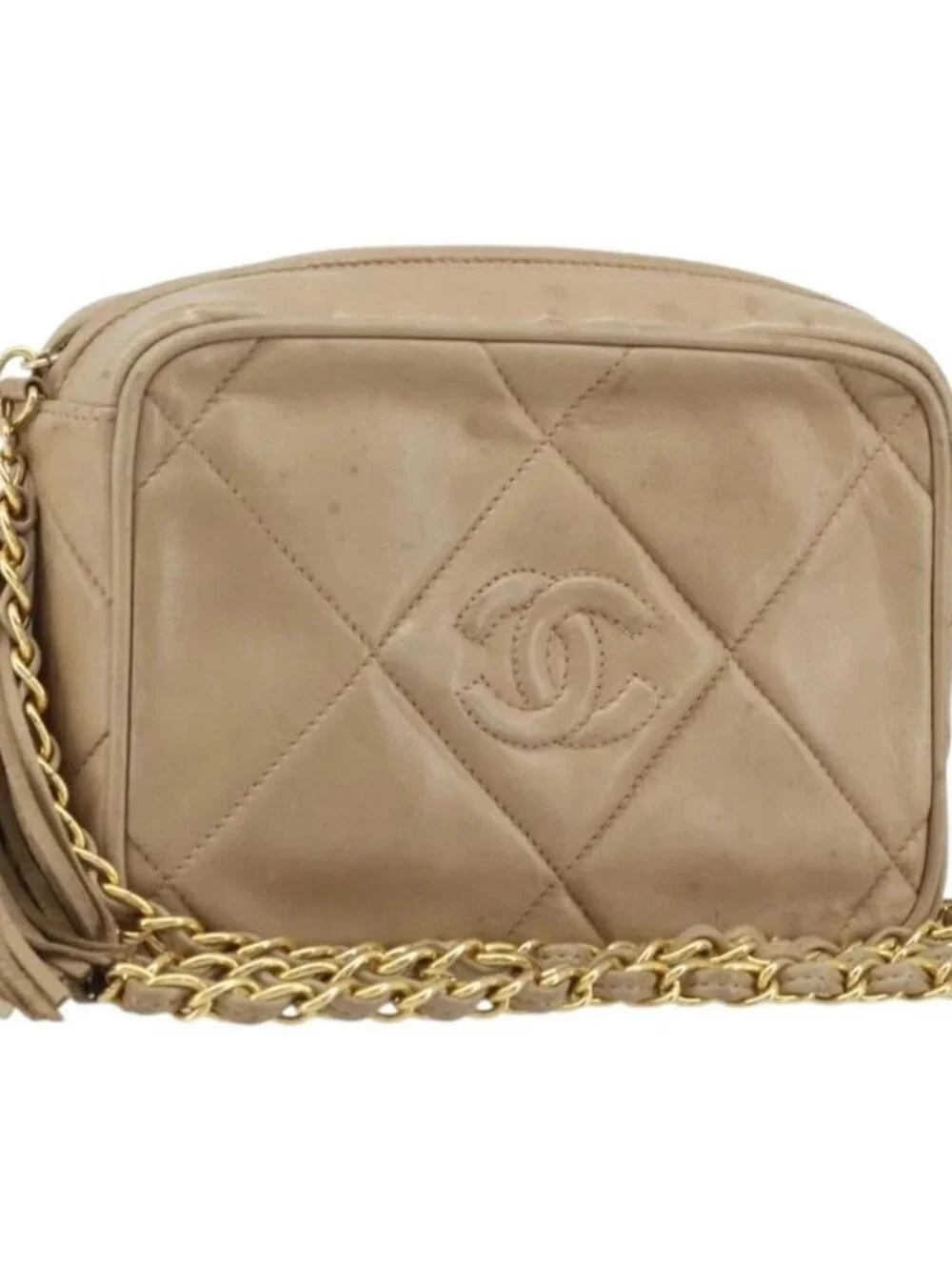 CHANEL Matelasse Chain Shoulder Bag Lamb Skin Beige Gold CC Auth gh1759